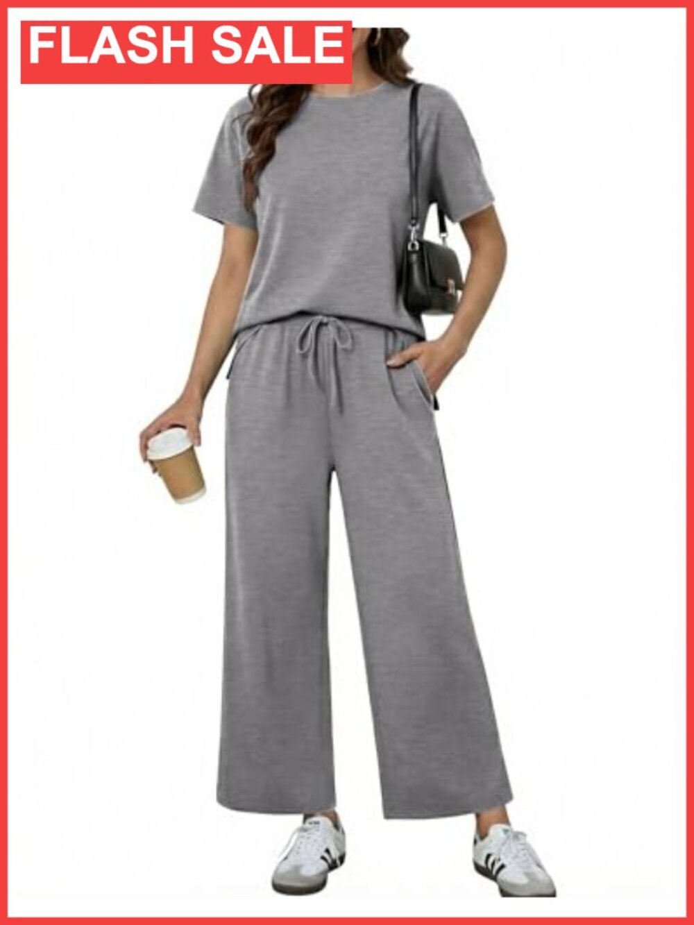 Women 2 Piece Wide Leg Pants Set Short Sleeve Crew Neck Travel Lounge